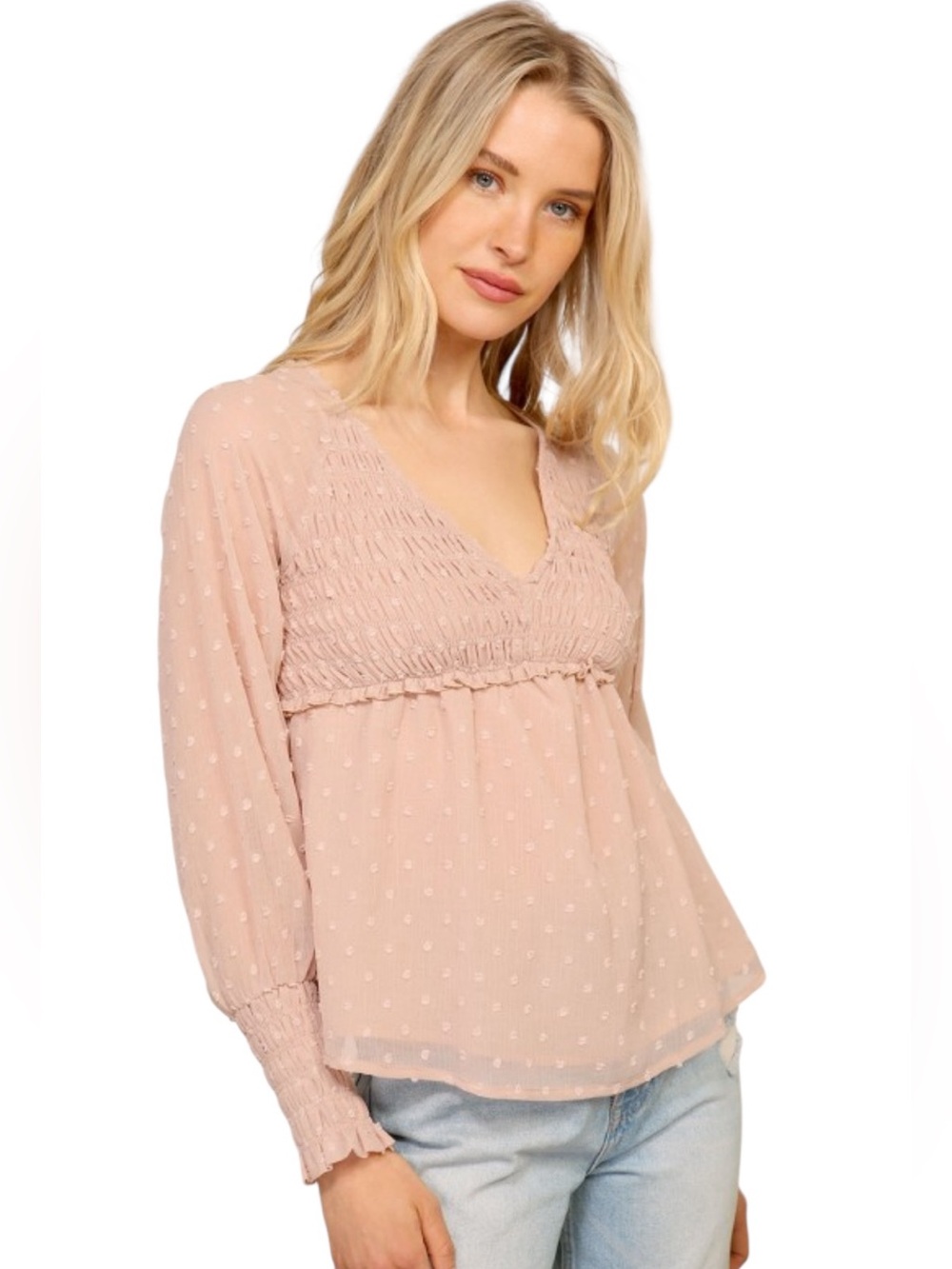 Lumiere Blush Pink Swiss Dot via neck Long Sleeve Smocked Top